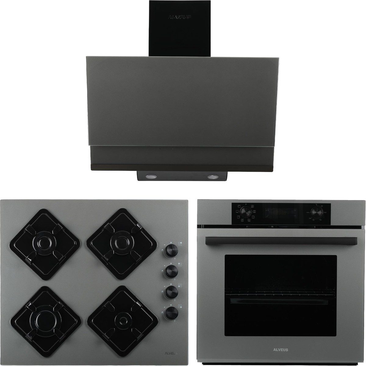 Alveus 3’lü Ankastre Set Gri Modern (Cam Ocak + 8 Fonksiyon Fırın + Davlumbaz) HBCV0000DQHRP1