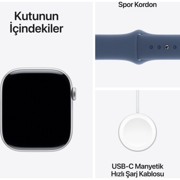 Apple Watch Series 10 GPS, 46 mm Gümüş Rengi Alüminyum Kasa ve Kot Rengi Spor Kordon – M/L