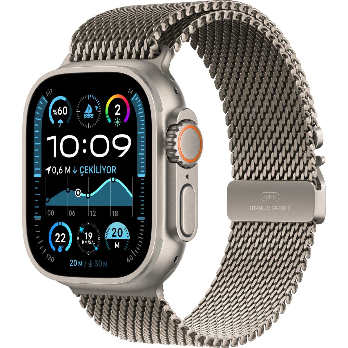 Apple Watch Ultra 2 GPS + Cellular, 49 mm Natürel Titanyum Kasa ve Natürel Titanyum Milano Loop - Küçük Boy HBCV00006ZWG1V