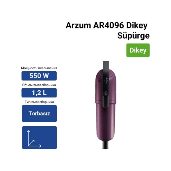 Arzum AR4096 Dikey Süpürge Mor Renk 1.2 L Toz Haznesi ile Pratik Temizlik İmkanı
