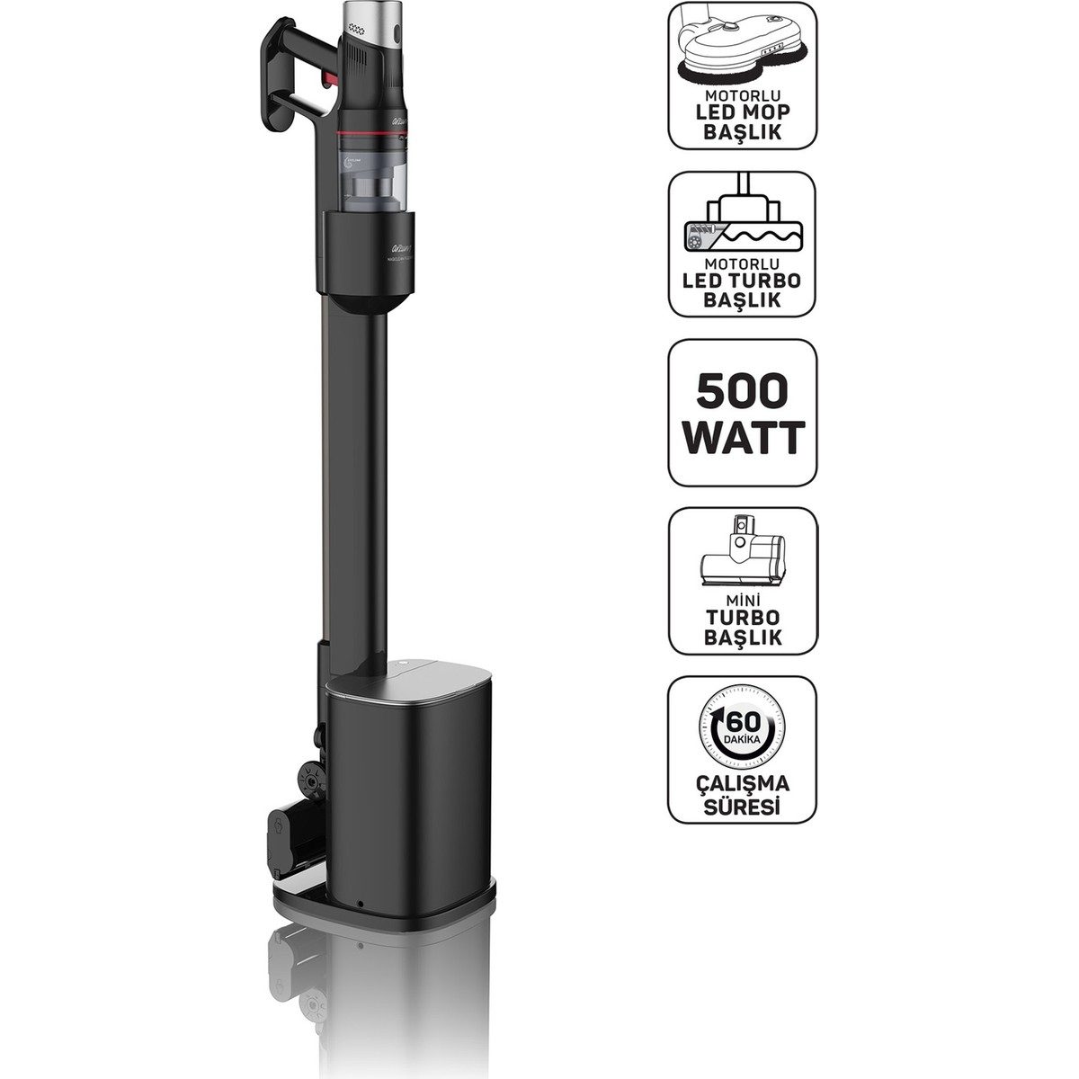 Arzum AR4211 MagiClean FlexBin İstasyonlu Dikey Şarjlı Süpürge 500W, BLDC Motor, Siyah HBCV0000ALKZLO