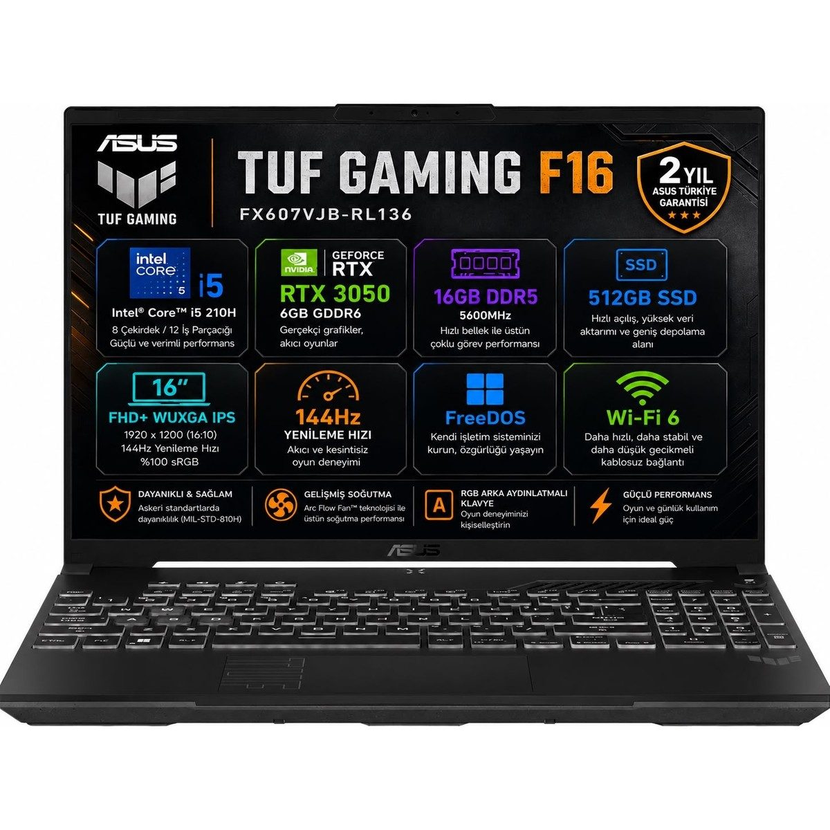 Asus TUF Gaming F16 FX607VJB-RL136-GAMING Intel Core 5 210H 16GB 512GB SSD RTX 3050 6GB 16" FHD+ (1920 x 1200) WUXGA 144Hz IPS Panel Freedos Taşınabilir Bilgisayar HBCV0000CWEX8Z