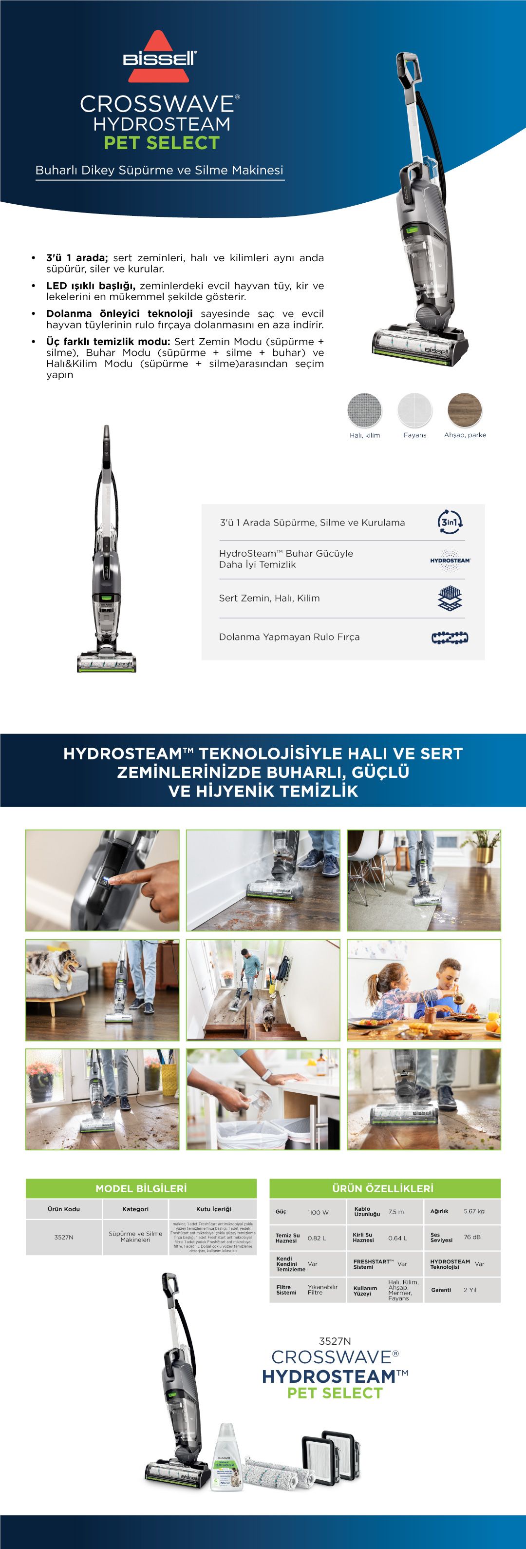 Bissell Crosswave Hydrosteam Pet Select Buharlı Dikey Süpürme ve Silme Makinesi