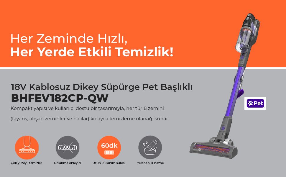 Black & Decker 18V Kablosuz Dikey Süpürge Mor Turbo Başlıklı Toz Haznesi Var Güçlü Emiş Teknolojisi