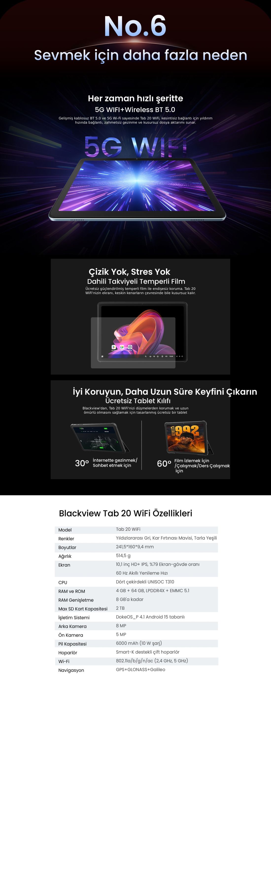 Blackview TAB20WIFI Tablet 10.1″/12 Gb(4gb+8gb)/64 Gb/8 MP/ANDROID14+KILIF Dahil (Siyah)
