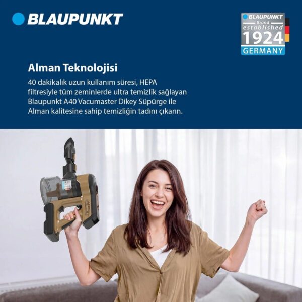 Blaupunkt Vacumaster A40 Dikey Şarjlı Süpürge 25.9 V HEPA Filtreli 0,75 lt Toz Haznesi ile Güçlü Temizlik