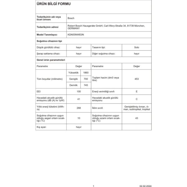 Bosch KDN55NWE0N 453 Lt No-Frost Buzdolabı