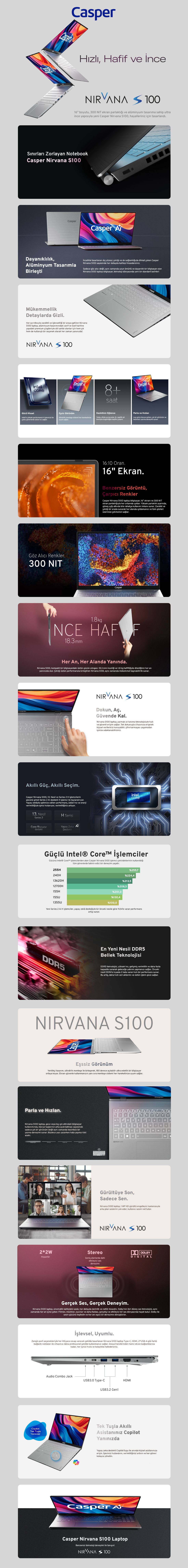 Casper Nirvana S100 Intel Core i5 13420H 16GB 1TB SSD Freedos 16" Taşınabilir Bilgisayar S100.1342-BF00X-G-F