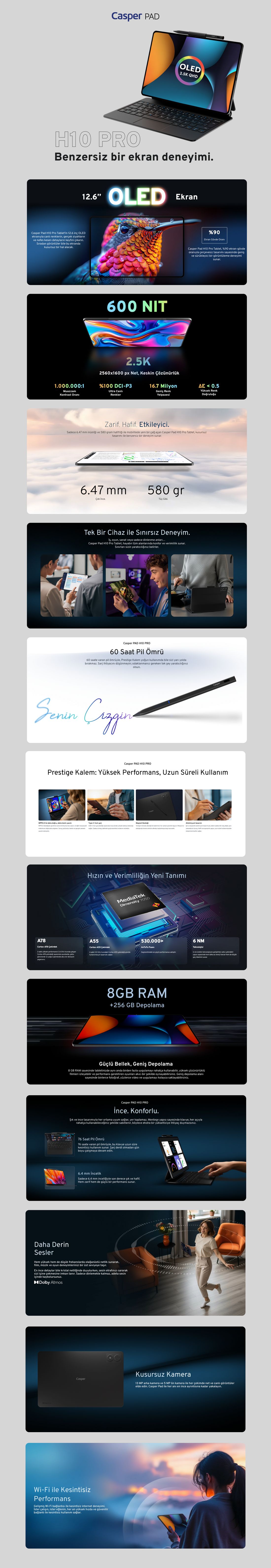 CASPER PAD H10 Pro 12.6" OLED Tablet 256GB Depolama 8GB RAM Android 15 İşletim Sistemi