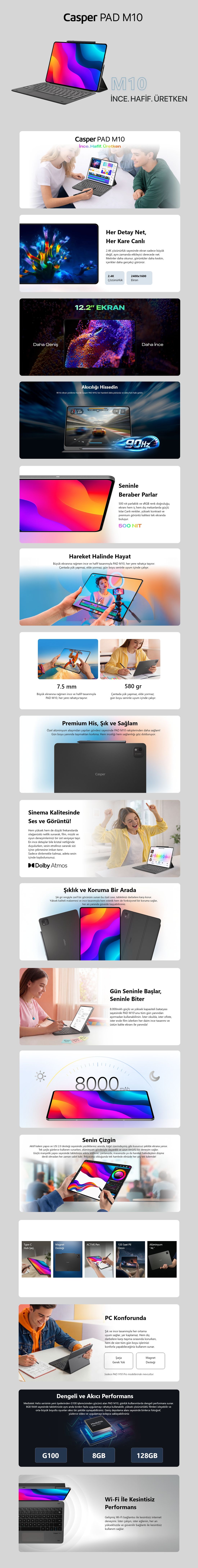 Casper PAD M10 Pen 12.2" 2.4K Tablet 8GB RAM 128GB + Casper M10 Tablet Kılıfı + Prestige Kalem