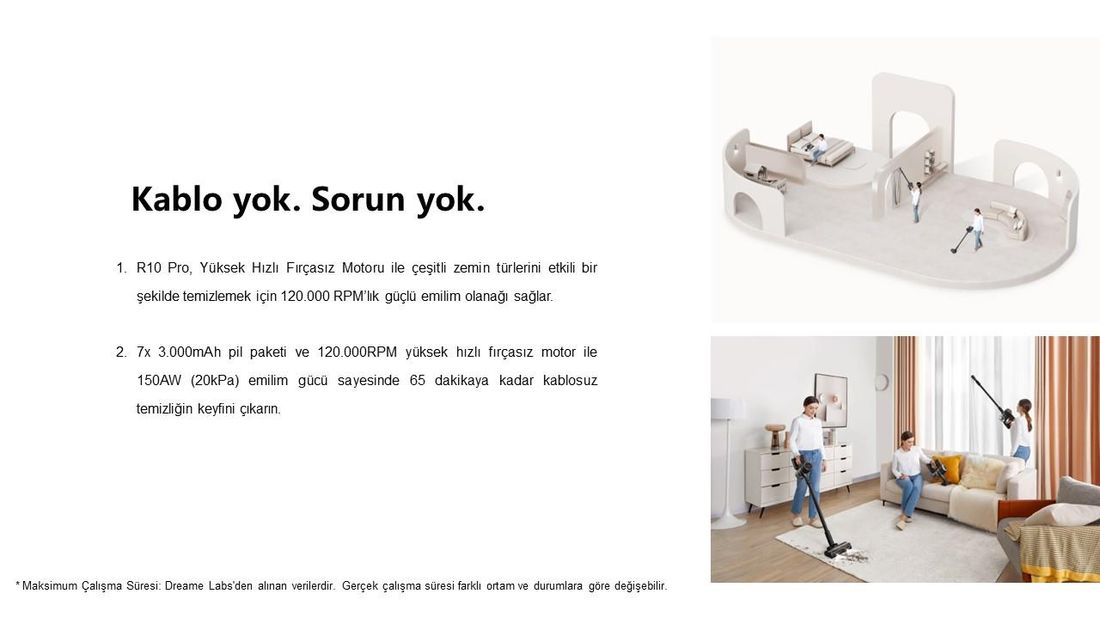 Dreame R10 Pro Dikey Süpürge, 65 Dakika Uzun Çalışma Süreli Dikey Süpürge, Hafif ve Anti-Tangle özellikli, Sert Zemin, Halı ve Evcil Hayvan Tüyleri için 150 AW Güçlü Emişli El Süpürgesi