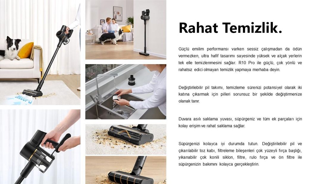 Dreame R10 Pro Dikey Süpürge, 65 Dakika Uzun Çalışma Süreli Dikey Süpürge, Hafif ve Anti-Tangle özellikli, Sert Zemin, Halı ve Evcil Hayvan Tüyleri için 150 AW Güçlü Emişli El Süpürgesi