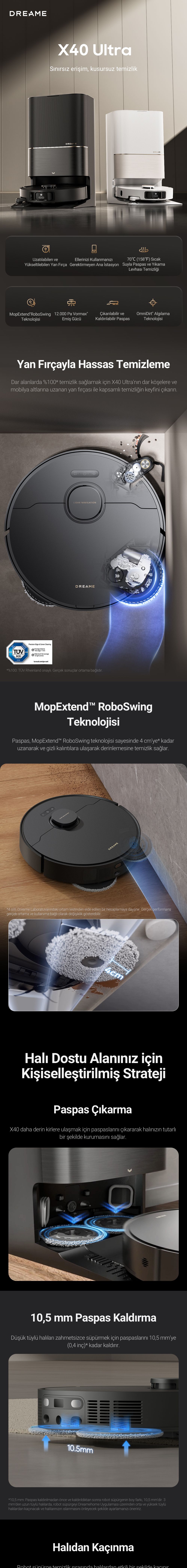 Dreame X40 Ultra Robot Süpürge Beyaz, 12.000PA Emiş Gücü