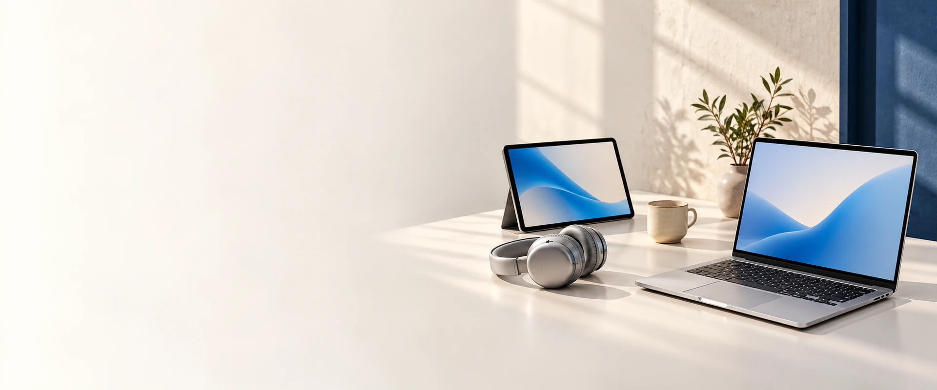 Aydınlık çalışma masasında dizüstü bilgisayar, tablet ve kulaklık