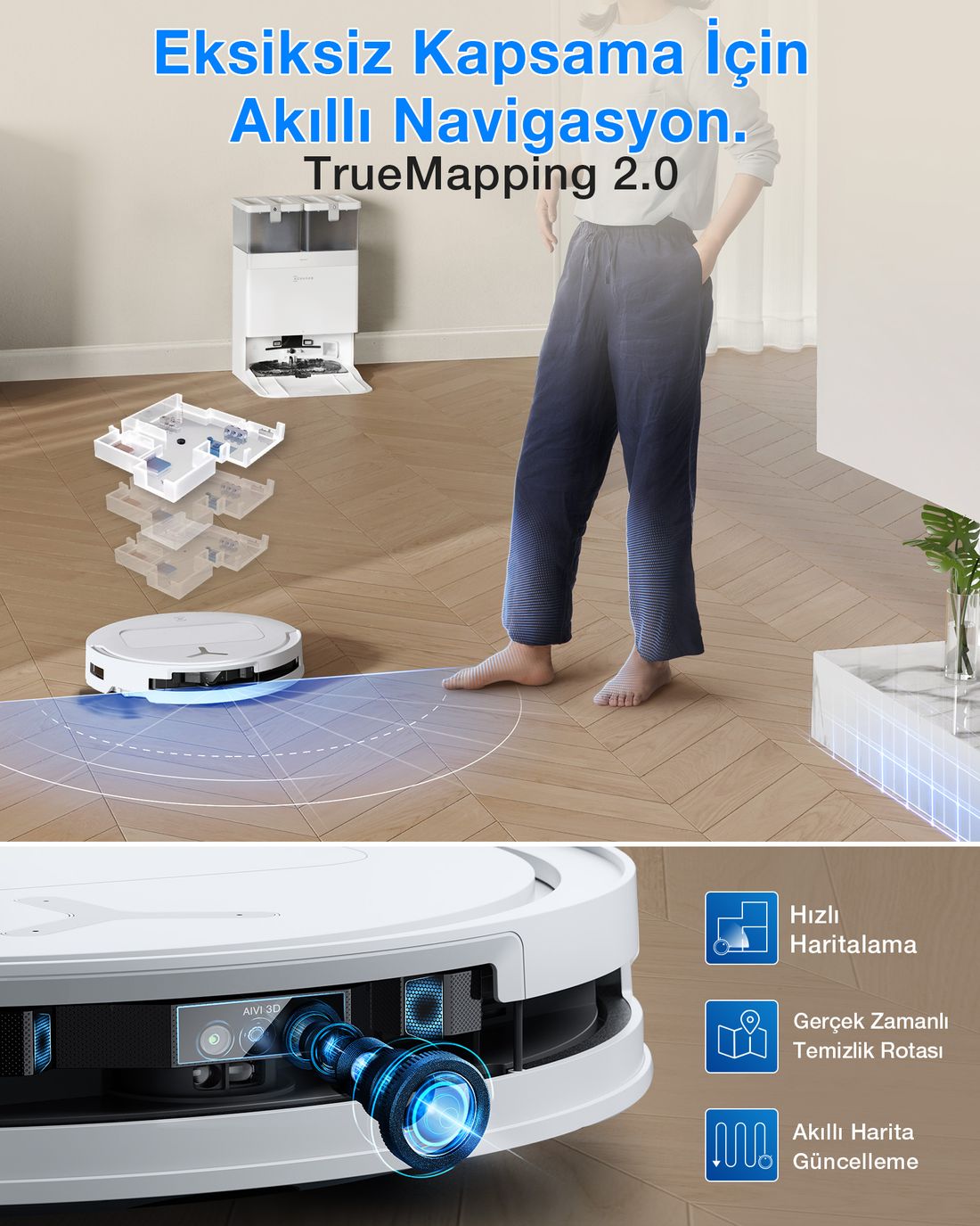 Ecovacs Akıllı Robot Süpürge ve Çöp İstasyonu, 25.000Pa Emiş Gücü, 81mm Ultra İnce Tasarım, 75°C Sıcak Su ile Mop Yıkama, ZeroTangle 2.0, AIVI 3D 3.0, YIKO-GPT Akıllı Temizlik, Beyaz