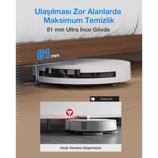 Ecovacs Akıllı Robot Süpürge ve Çöp İstasyonu, 25.000Pa Emiş Gücü, 81mm Ultra İnce Tasarım, 75°C Sıcak Su ile Mop Yıkama, ZeroTangle 2.0, AIVI 3D 3.0, YIKO-GPT Akıllı Temizlik, Beyaz