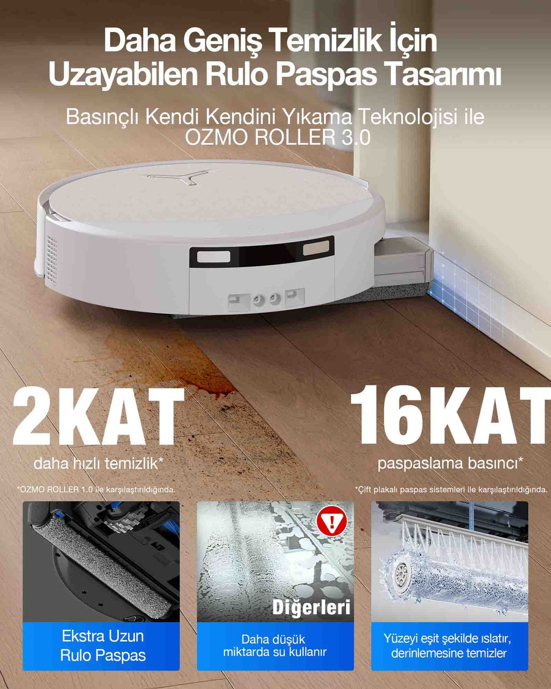 ECOVACS DEEBOT Robot Süpürge ve Paspas, 30.000 Pa Emiş Gücü, OZMO Roller 3.0, Triple Lift Teknolojisi, TruePass 4WD Engelleri Aşma, Akıllı Navigasyon, Temiz Su ile Basınçlı Yıkama