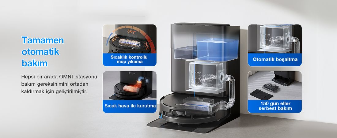 Ecovacs DEEBOT T80S Omni Robot Süpürge ve Paspas, 24.800 Pa Emiş Gücü, OZMO Roller 2.0 Paspas, ZeroTangle 3.0 Dolaşma Önleme, Triple Lift Özelliği, Sıcak Su ile Paspas ve Sıcak Hava ile Kurutma