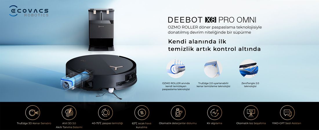 Ecovacs Deebot X8 Pro Omni Siyah Robot Süpürge ve Paspas 18000 Pa Emiş Gücü