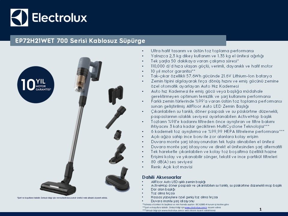 Electrolux EP72H21WET ActiveMop 700 Cordless Cleaner 21.6 V Dikey Şarjlı Süpürge