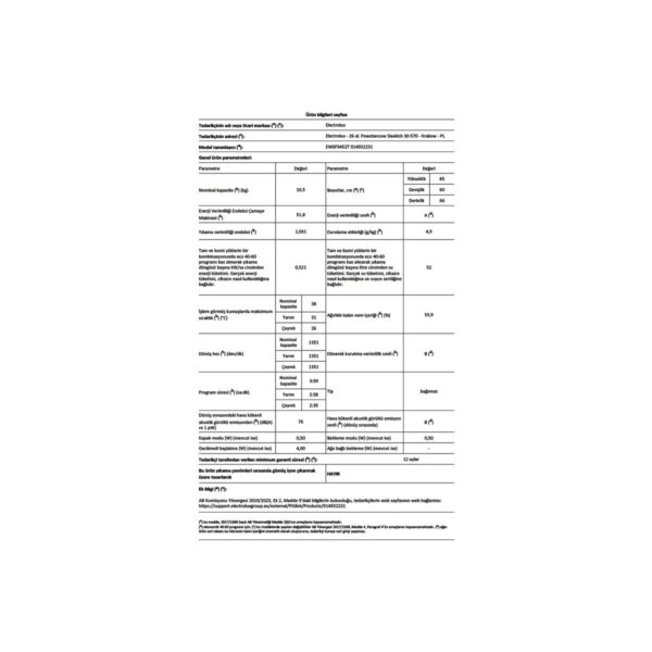 Electrolux EW6F9452T 600 Serisi Aı Washassist FULLWASH45′ 10,5 kg 1400 Devir A Enerji Sınıfı Çamaşır Makinesi