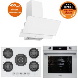 Eminçelik ve Afm Tech Markalı / Etna 5 Gözlü 1'wok Beyaz Ankastre Set ( 22 386 + FM7701 + FM3301 ) HBCV0000CASB95