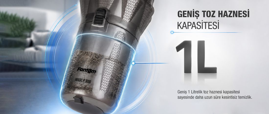 Fantom Magıc P 3000 Toz Torbasız Dikey Süpürge Antrasit 1 Litre Toz Hacmi ve Yüksek Emiş Gücü