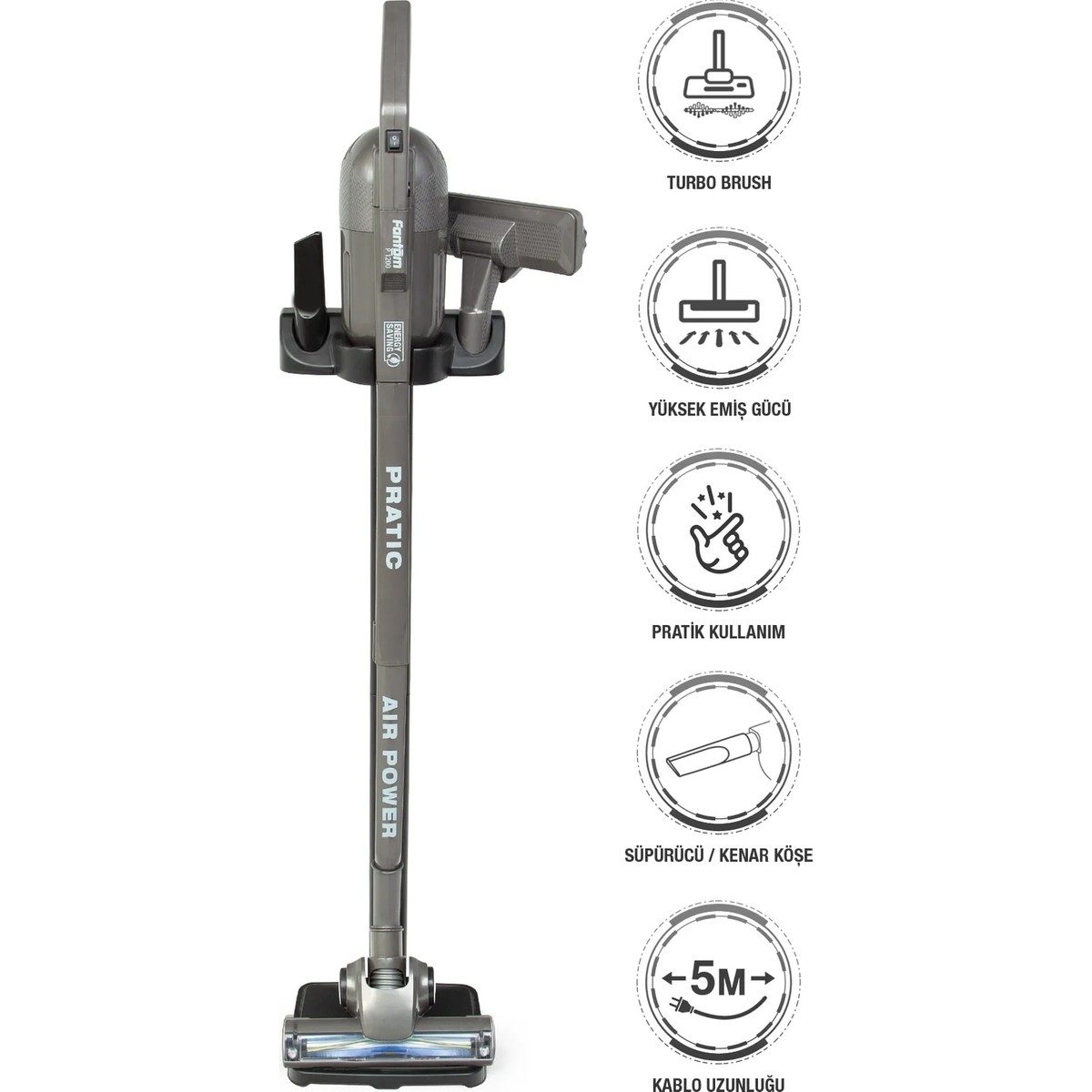 Fantom Pratic Aır Power P 1250 Antrasit Torbasız Dönebilen Turbo Başlıklı Dikey Süpürge HBCV00005BP0PD