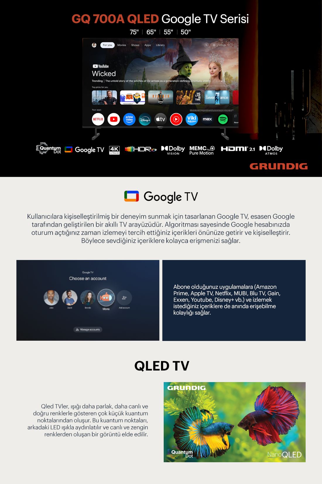 Grundig 55 GQ 700A 55" 139 Ekran 4K Ultra HD Google Smart QLED TV