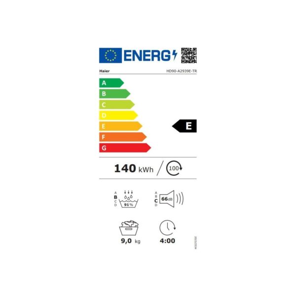 Haier HD90-A2939E-TR 9 kg Wi-Fi Bağlantılı Isı Pompalı Kurutma Makinesi E Enerji Sınıfı ve Sessiz Çalışma