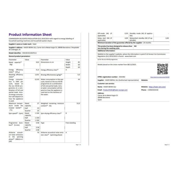 Haier HW100-B14367EUTR 10 kg Wi-Fi Bağlantılı 1400 Devir Çamaşır Makinesi