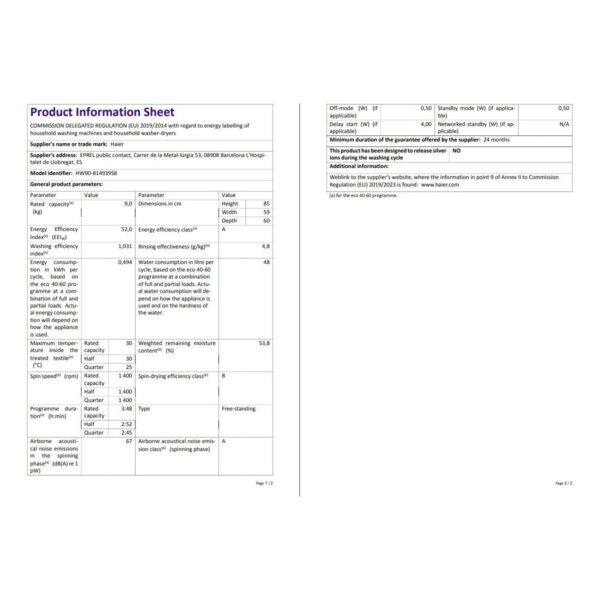 Haier HW90-B14939S8-S 9 kg 1400 Devir Yıkama Kapasiteli Enerji Sınıfı A Çamaşır Makinesi