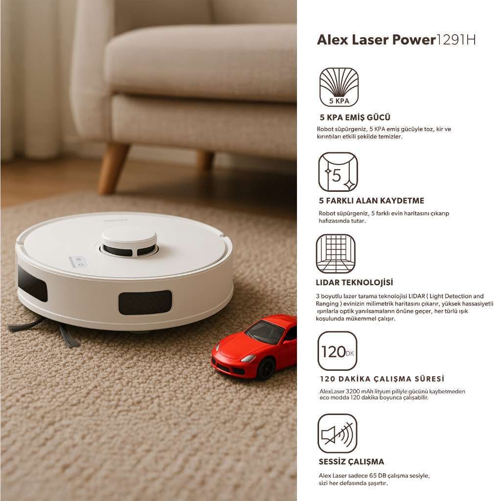 Homend Alex Laser 1291H Moplu ve Haritalamalı Akıllı 5 Kpa Robot Süpürge Siyah