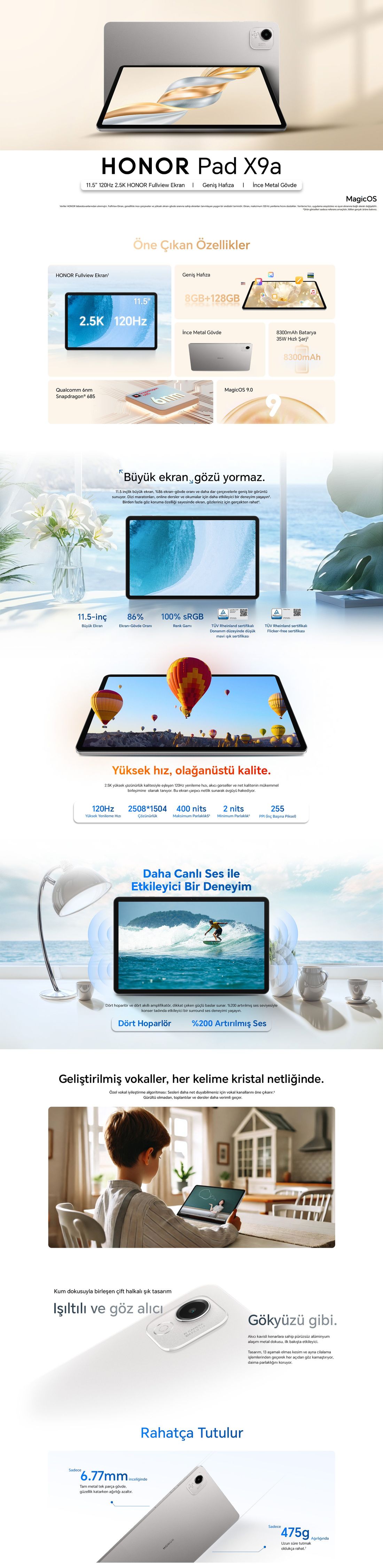 Honor Pad X9A 8GB 128GB Uzay Grisi Tablet 11,5 inç Ekran Android İşletim Sistemi