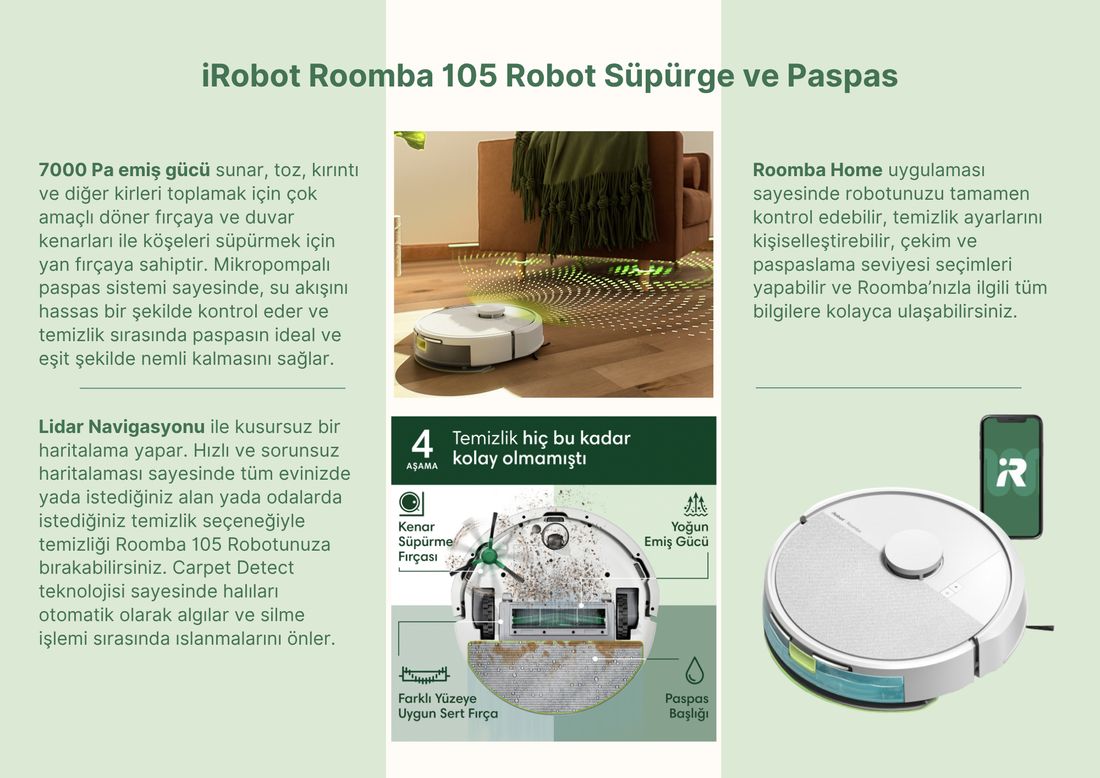 iRobot Roomba 105 Combo AutoEmpty Robot Süpürge ve Paspas (Beyaz)