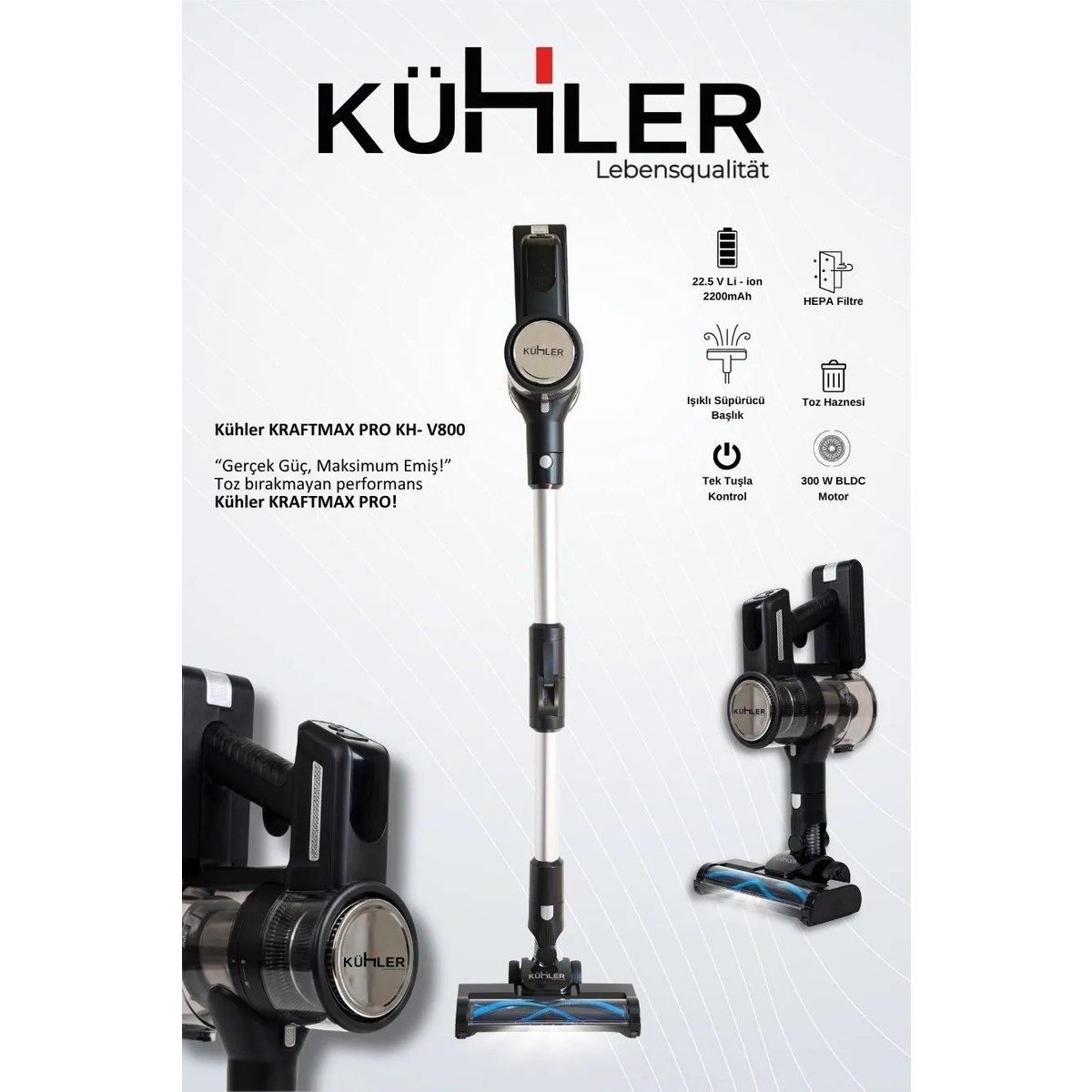 Kühler Kraftmax Pro KH-V800 Kablosuz Turbo Fırçalı Katlanır Esnek Boru Teknolojisi Dikey Şarjlı Süpürge HBCV0000DSO2YL