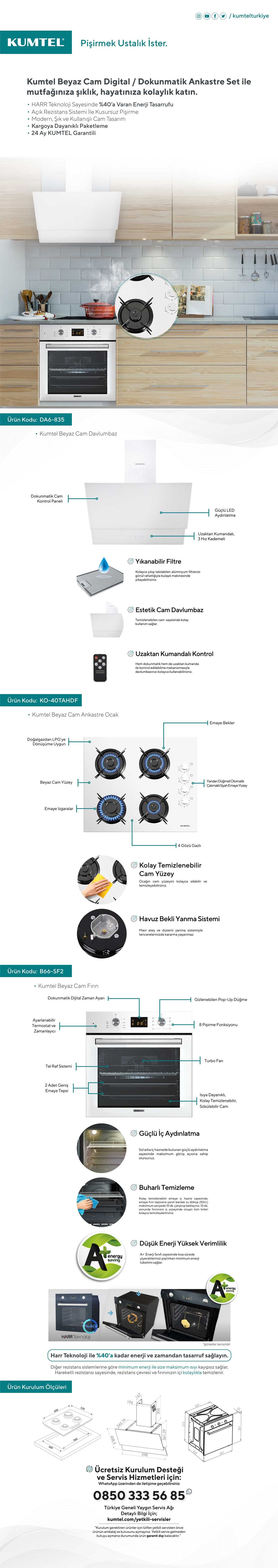 Kumtel Cam Digital / Dokunmatik Ankastre Set - 8 Programlı (KO-40 TAHDF Ocak B66-Sf2 Ddt Fırın DA6-835 Davlumbaz)