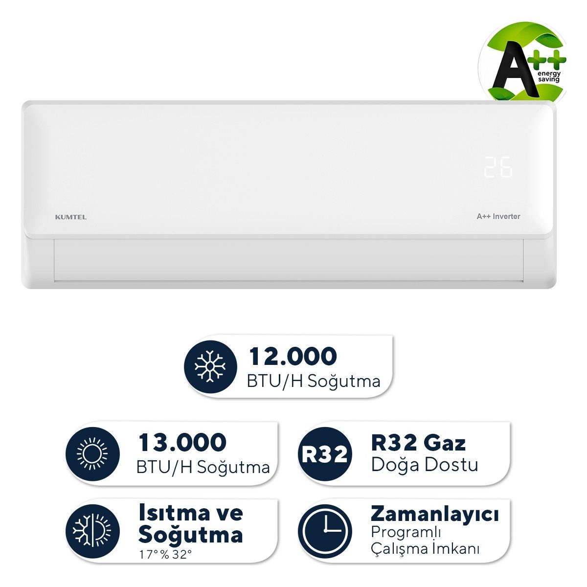 Kumtel Hinoki KMSAC-12 12.000 Btu A++ Inverter Duvar Tipi Split Klima (Montaj Dahil) HBCV0000EKTY16