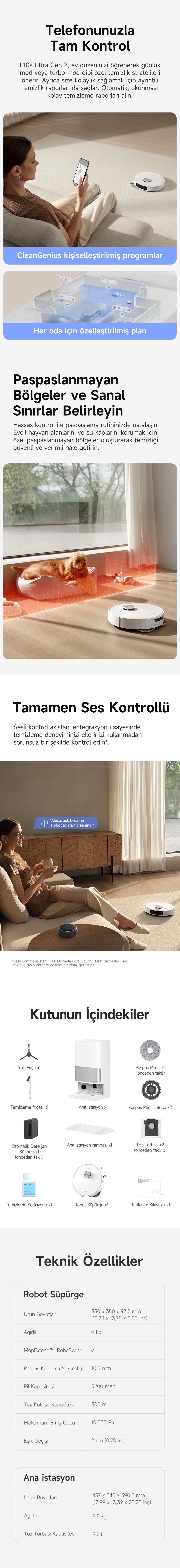 L10s Ultra Gen 2 Robot Süpürge Beyaz, 10.000Pa Emiş Gücü