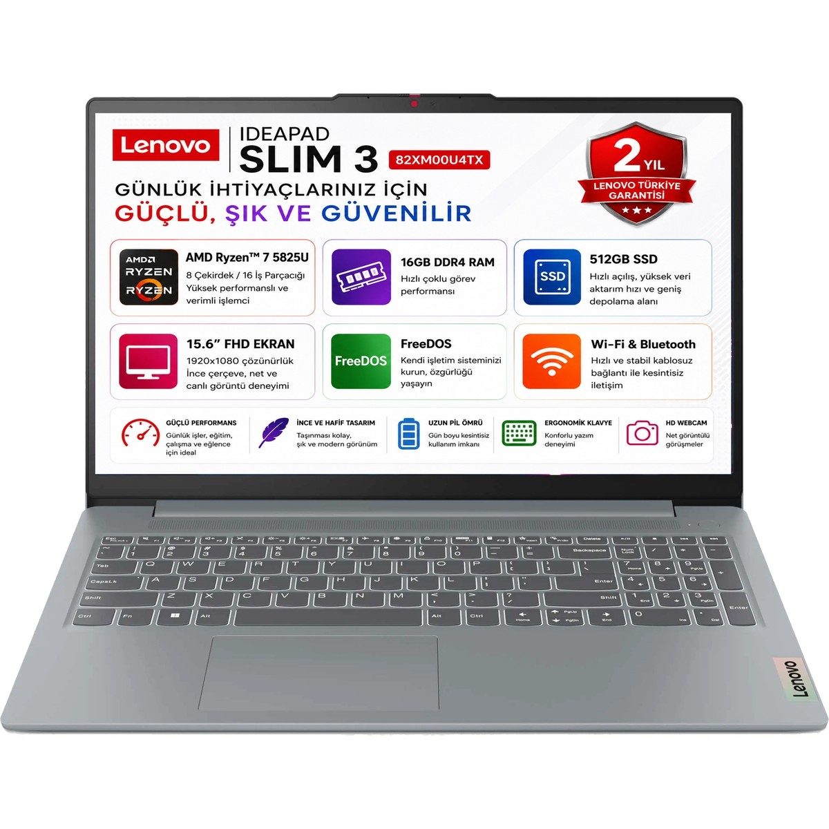 Lenovo Ideapad Slim 3 AMD Ryzen 7 5825U 16GB 512GB SSD Freedos 15.6" FHD Taşınabilir Bilgisayar 82XM00U4TX HBCV00008O199Y