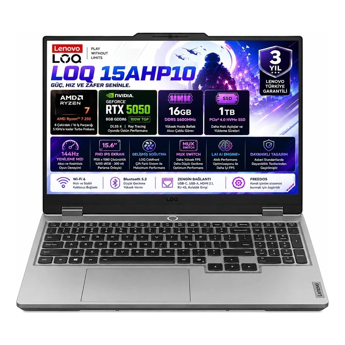 Lenovo LOQ 15AHP10 AMD Ryzen 7-250 16GB DDR5 1TB SSD RTX 5050 8GB 100W 15.6 Inç Full HD 144Hz IPS Freedos Gaming Laptop (83JG00BMTR) HBCV0000CY6UBQ
