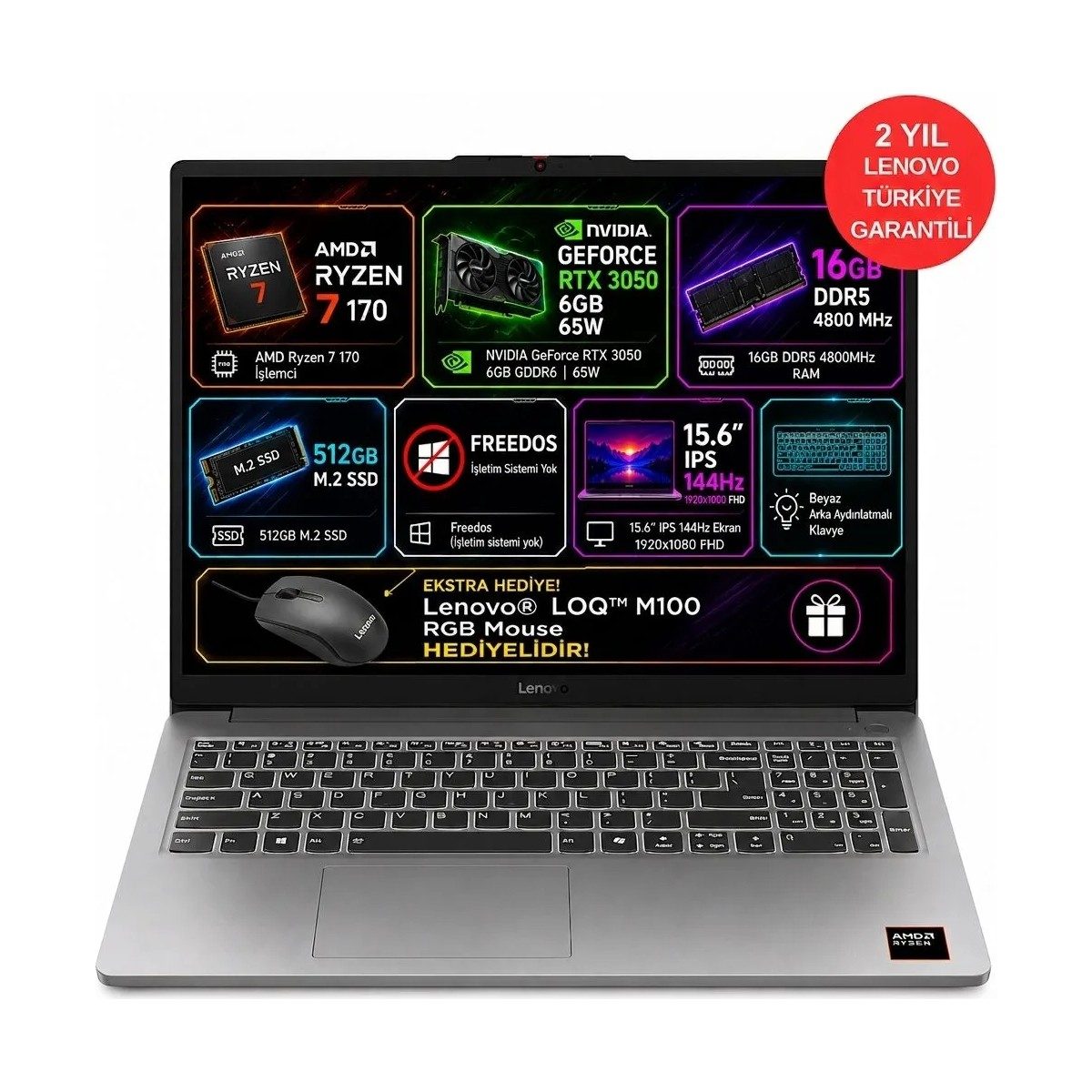 LENOVO LOQ AMD Ryzen 7 170 16GB (DDR5-4800) 512GB SSD RTX 3050 6GB GDDR6 (TGP 65W) Freedos 15.6" FHD 83S000E0TR ( MOUSE HEDİYELİDİR. ) HBCV0000G5TCSM