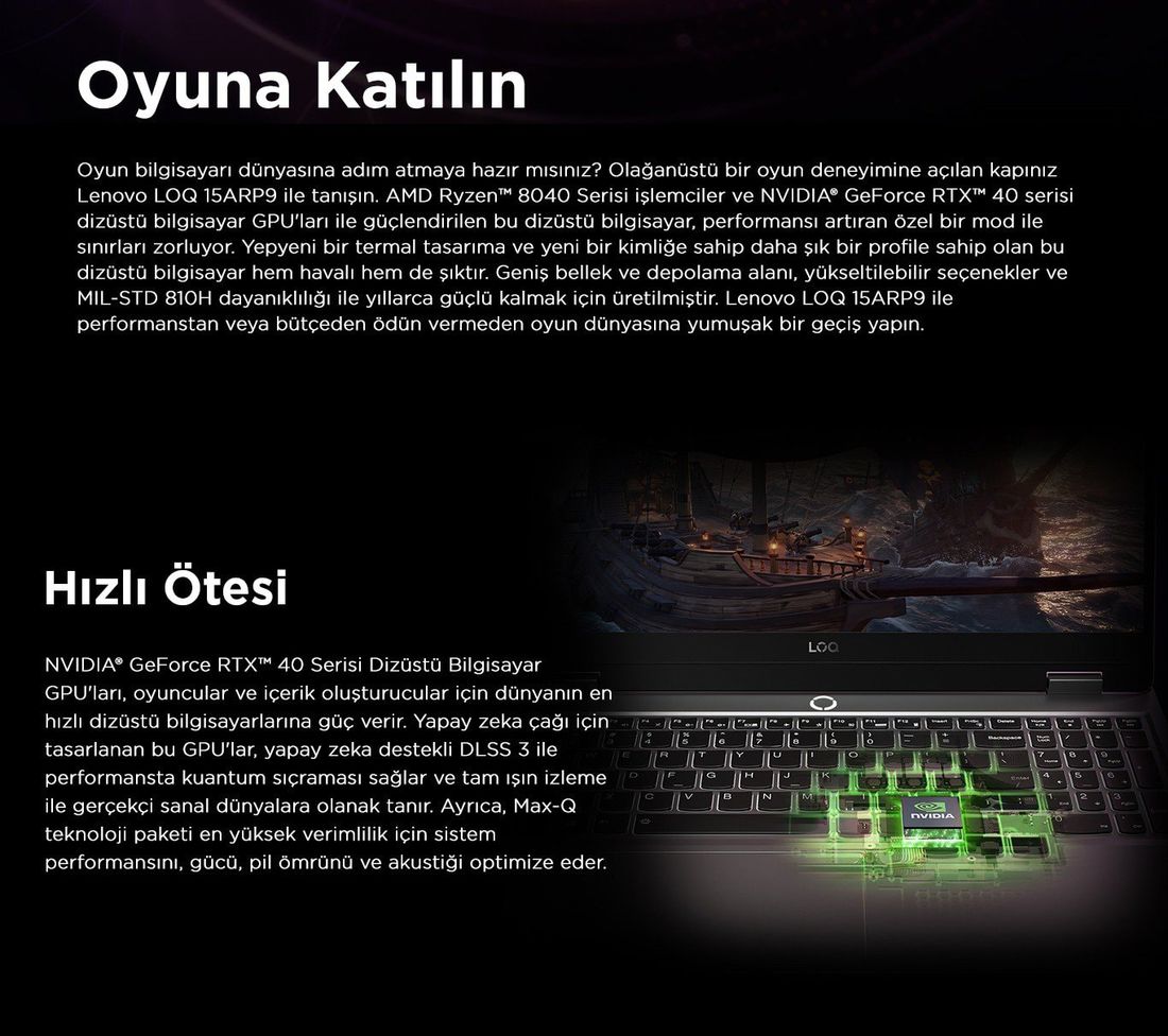 Lenovo LOQ AMD Ryzen 7 7435HS 16GB 512GB SSD RTX4050 Freedos 15.6" Taşınabilir Bilgisayar 83JC006BTR