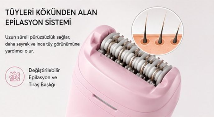 Mkio 7 Parça Şarjlı Işıklı Epilatör, LED Ekranlı Epilasyon Cihazı, 2 Kademe Hız Ayarı, 60 Dakika Kullanım, Yüz-KoltukAltı-BikiniBölgesi-Bacak Islak-Kuru Kullanım, Kadın Tıraş Cihazı