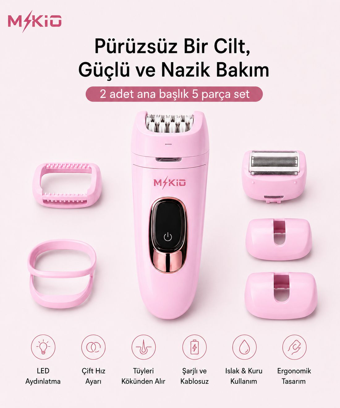 Mkio 7 Parça Şarjlı Işıklı Epilatör, LED Ekranlı Epilasyon Cihazı, 2 Kademe Hız Ayarı, 60 Dakika Kullanım, Yüz-KoltukAltı-BikiniBölgesi-Bacak Islak-Kuru Kullanım, Kadın Tıraş Cihazı