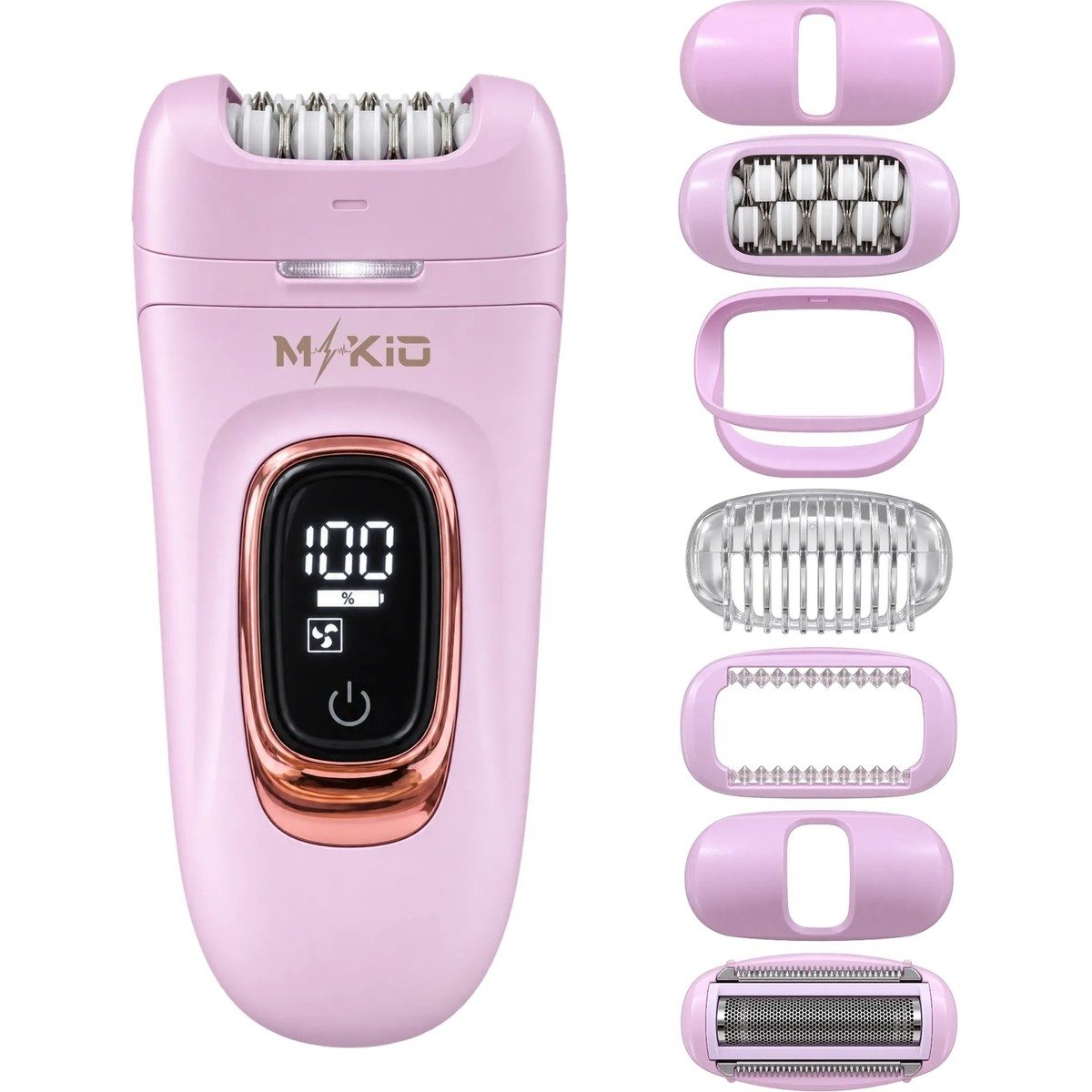 Mkio 7 Parça Şarjlı Işıklı Epilatör, LED Ekranlı Epilasyon Cihazı, 2 Kademe Hız Ayarı, 60 Dakika Kullanım, Yüz-KoltukAltı-BikiniBölgesi-Bacak Islak-Kuru Kullanım, Kadın Tıraş Cihazı HBCV0000GHRYBZ