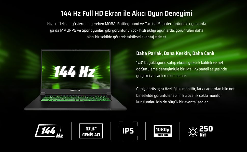 Monster Abra A7 V15.6.4 Intel Core 7 250H 16 GB RAM 1 TB SSD 4 GB RTX 3050 FreeDOS 17,3" 144 Hz Oyun Bilgisayarı