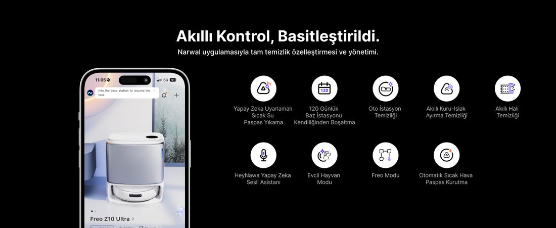 Narwal Freo Z10 Ultra Akıllı Robot Süpürge Gri 18.000PA Emiş Gücü Sert Zemin Kullanımı için