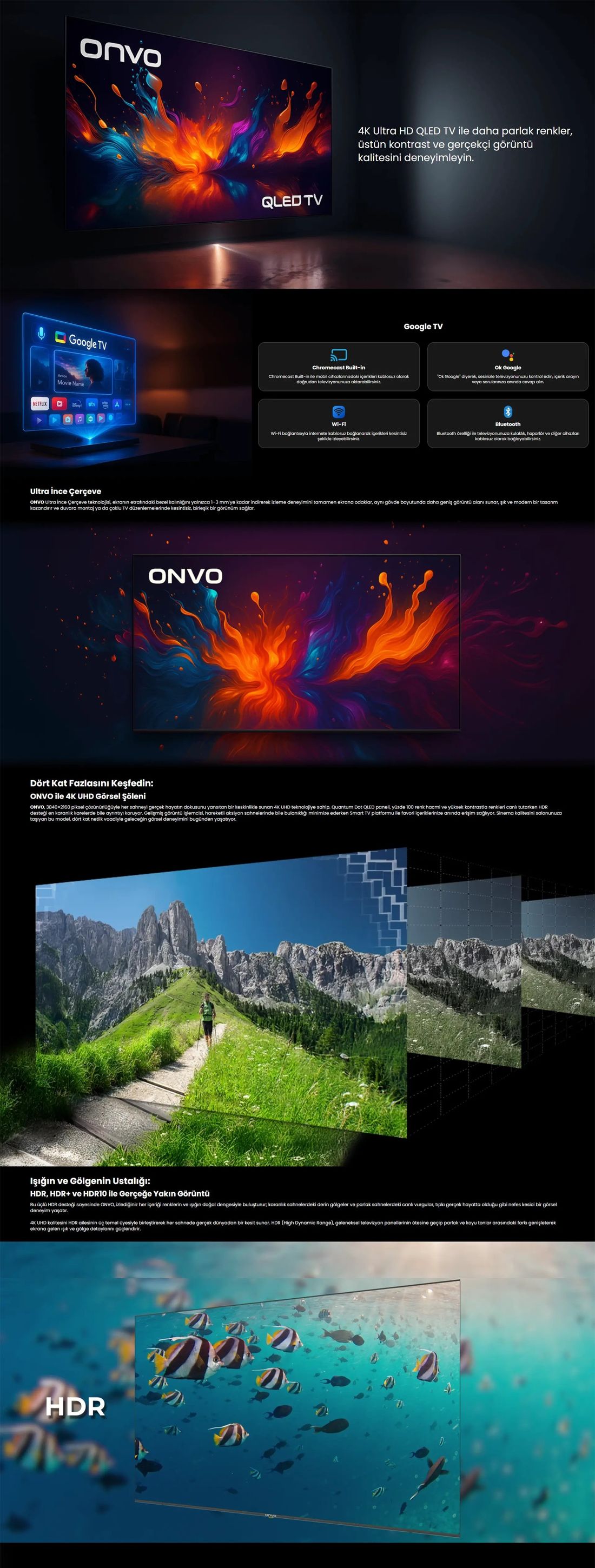 Onvo 100VQ90F3UB 100’’ 254 Ekran Uydu Alıcılı 4K Ultra HD QLED Google TV