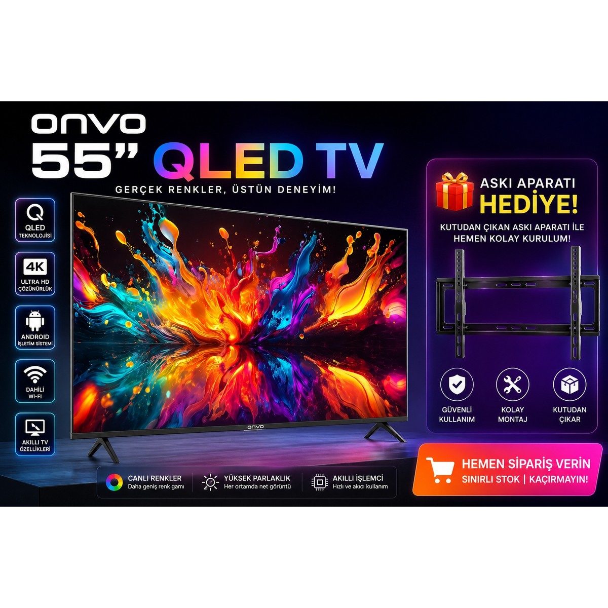 Onvo 55" QLED 4K Ultra HD Google Smart TV | Canlı Renkler ve Yüksek Çözünürlük ile HBCV0000FFEIFG